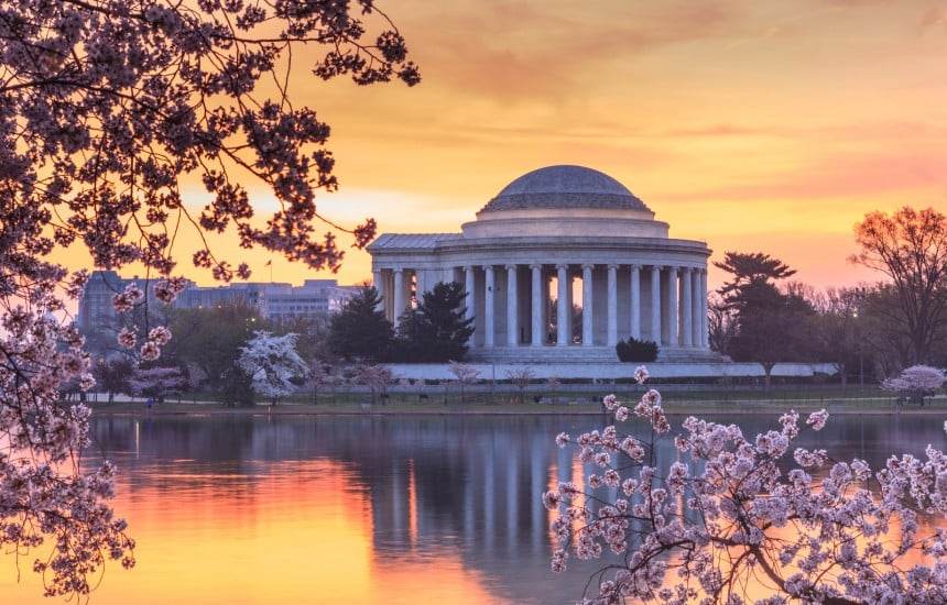 Jefferson Memorial kuvattuna keväisten kirsikankukkien aikaan. Kuva: Cvandyke | Dreamstime.com
