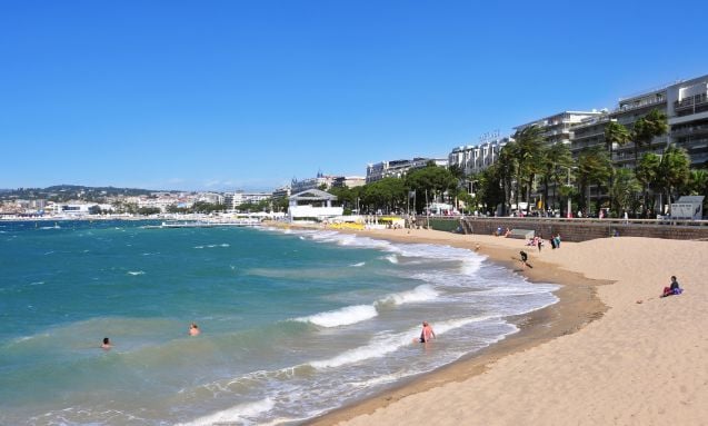 La Croisette -rantakatu on luksushotellien ja kauniin hiekkarannan reunustama